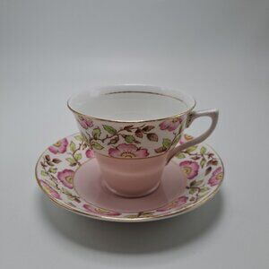 Rosina Pink Gold Trim Bone China Teacup & Saucer Vintage Floral
